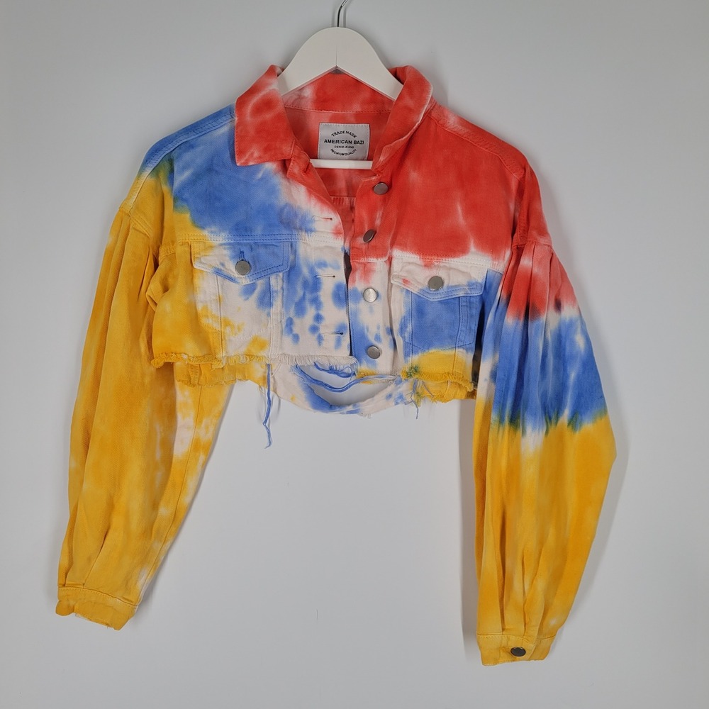 American Bazi Crop Denim Jacket Womens M Multicolor Tie Dye Distressed Crop